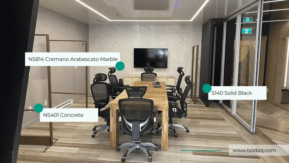 Boardroom walls in NS814 Cremano Arabescato, NS401 Concrete and S140 Solid Black