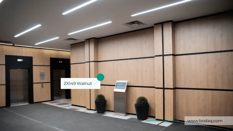 Elevator lobby wall panels in ZX149 wood film