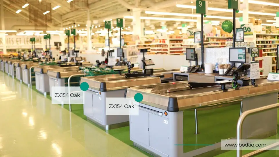 Supermarket checkout counters refinished in ZX154 Harvest Oak film